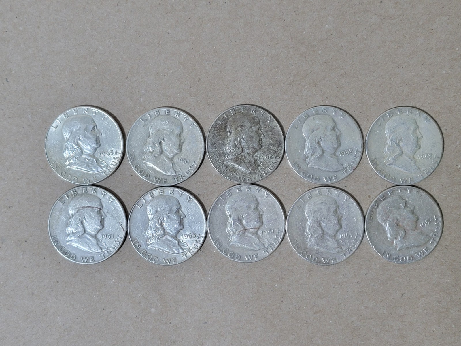 Lot of 10 Franklin Half Dollar Coins - 90% Silver - 1963 and Prior - Circulated