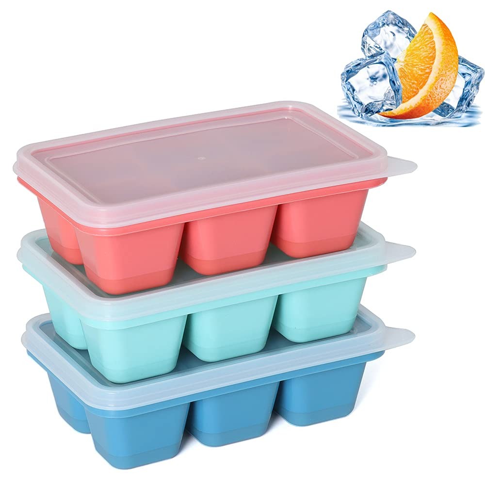 Mini Ice Cube Trays for Freezer, 3 Pack 4x2x1 inches, Blue+Red+Mint Green