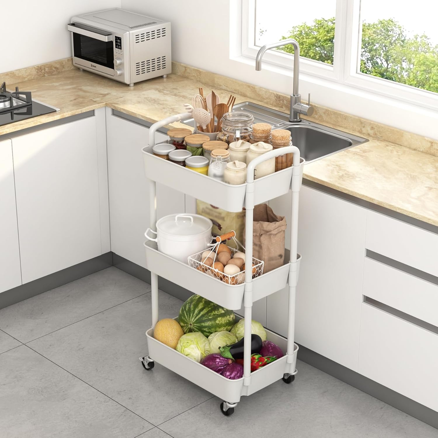 3 Tier Plastic Rolling Utility Cart With Handle Multi Functional Storage Trolley