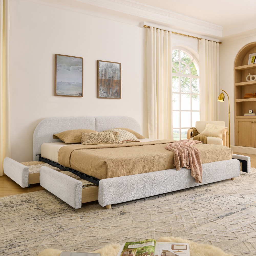 King Bed Frame w/ Headboard & Storage Drawers, Beige Upholstered, Furniture