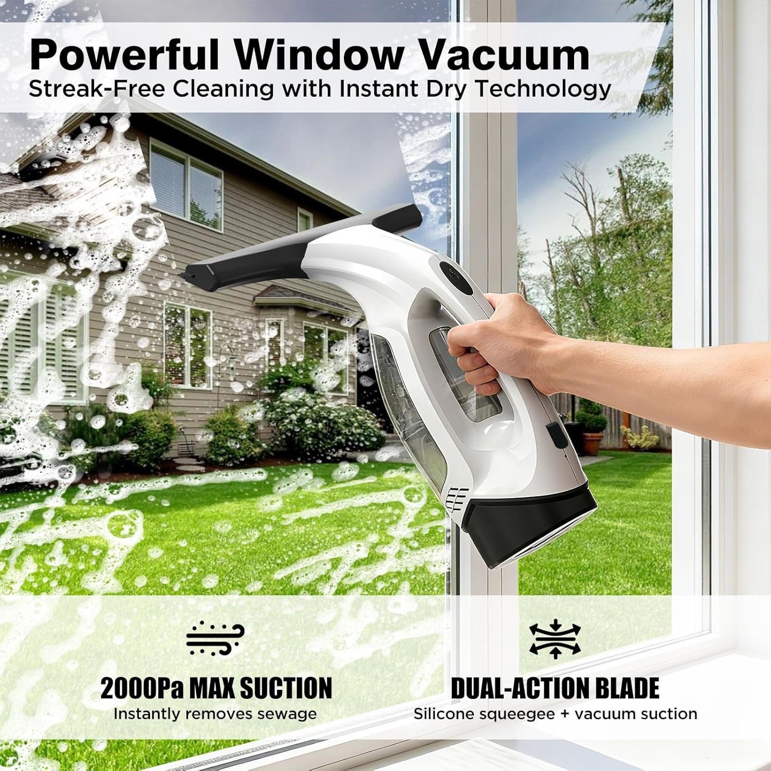 Window Vacuum Squeegee Cordless, 2000Pa Electric Window Cleaner Tool with Tank