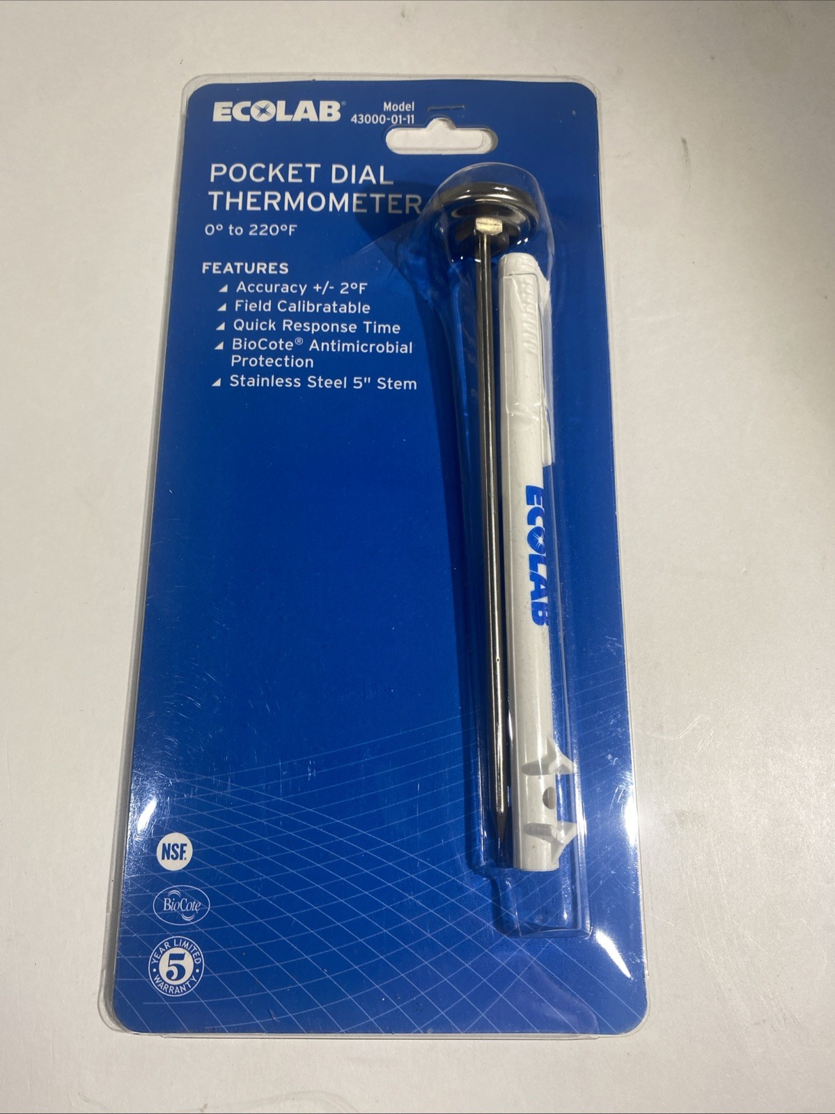 Ecolab Pocket Dial Food Thermometer 0-220°F 5” Stainless Steel New