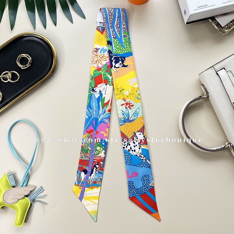 Sallys 18 Momme Twill Silk Scarf Ribbon Dogs Print Hair Bag Neck Tie 85*5cm