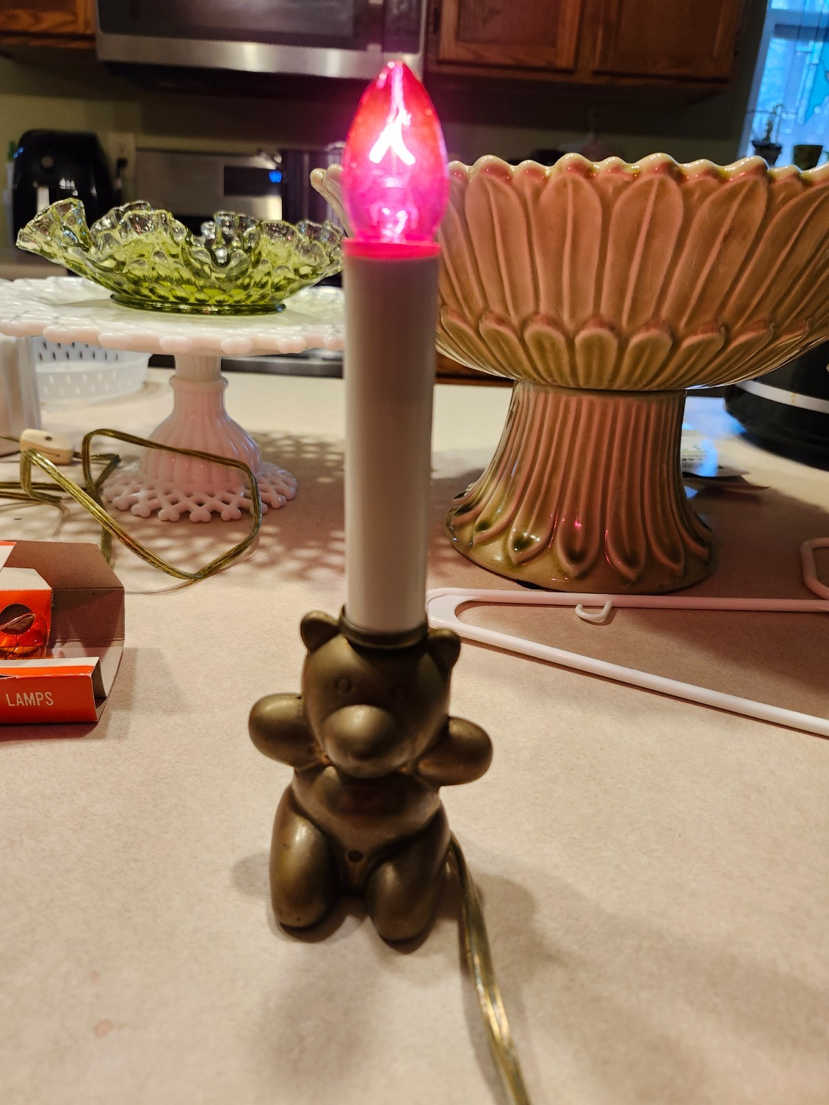 Vintage Brass Electric Candle Nightlight Teddy Bear Approx 8” Nursery Lamp Works