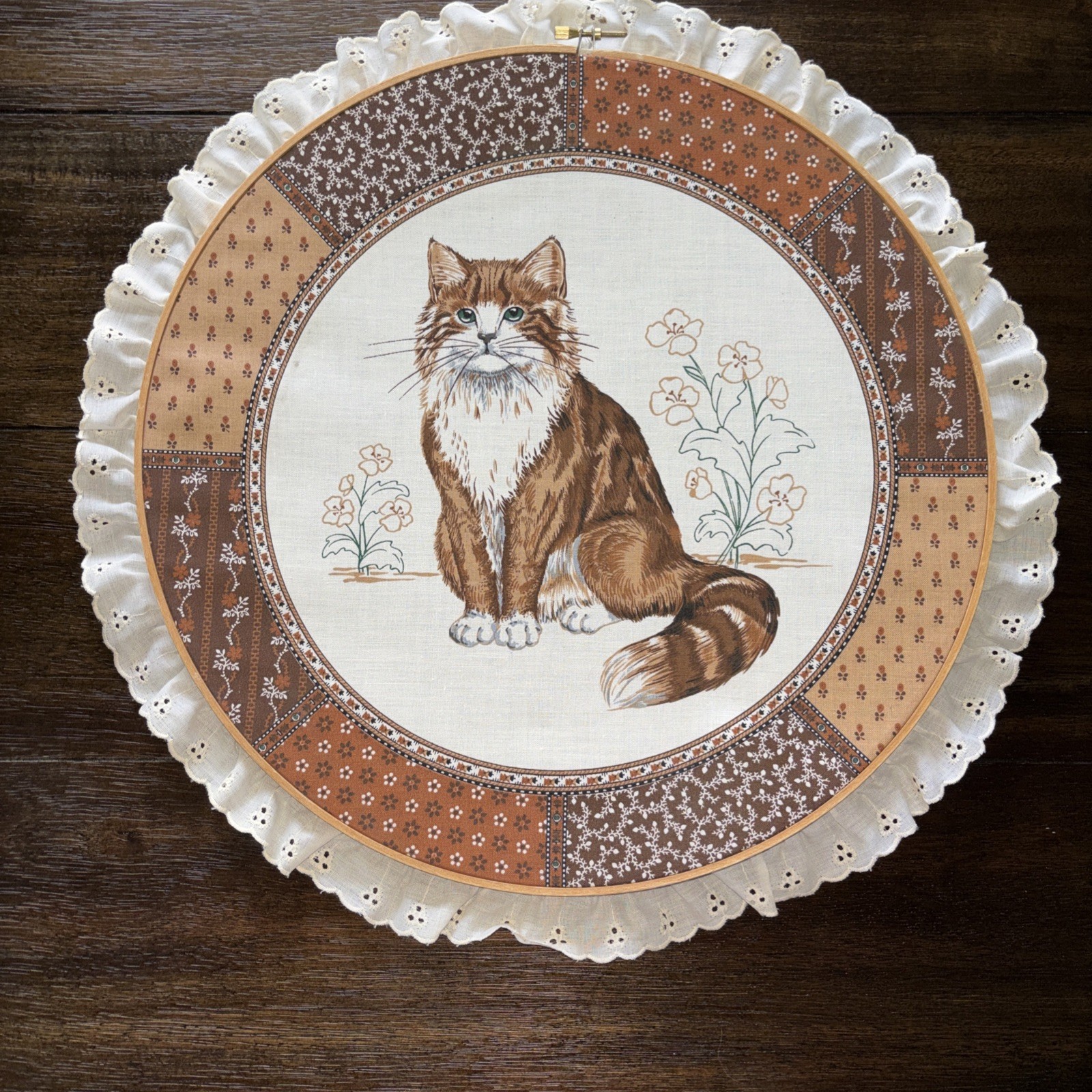 Vintage Large Embroidery Hoop Cranston Cat Print With Lace Trim. . 14.5 inches.