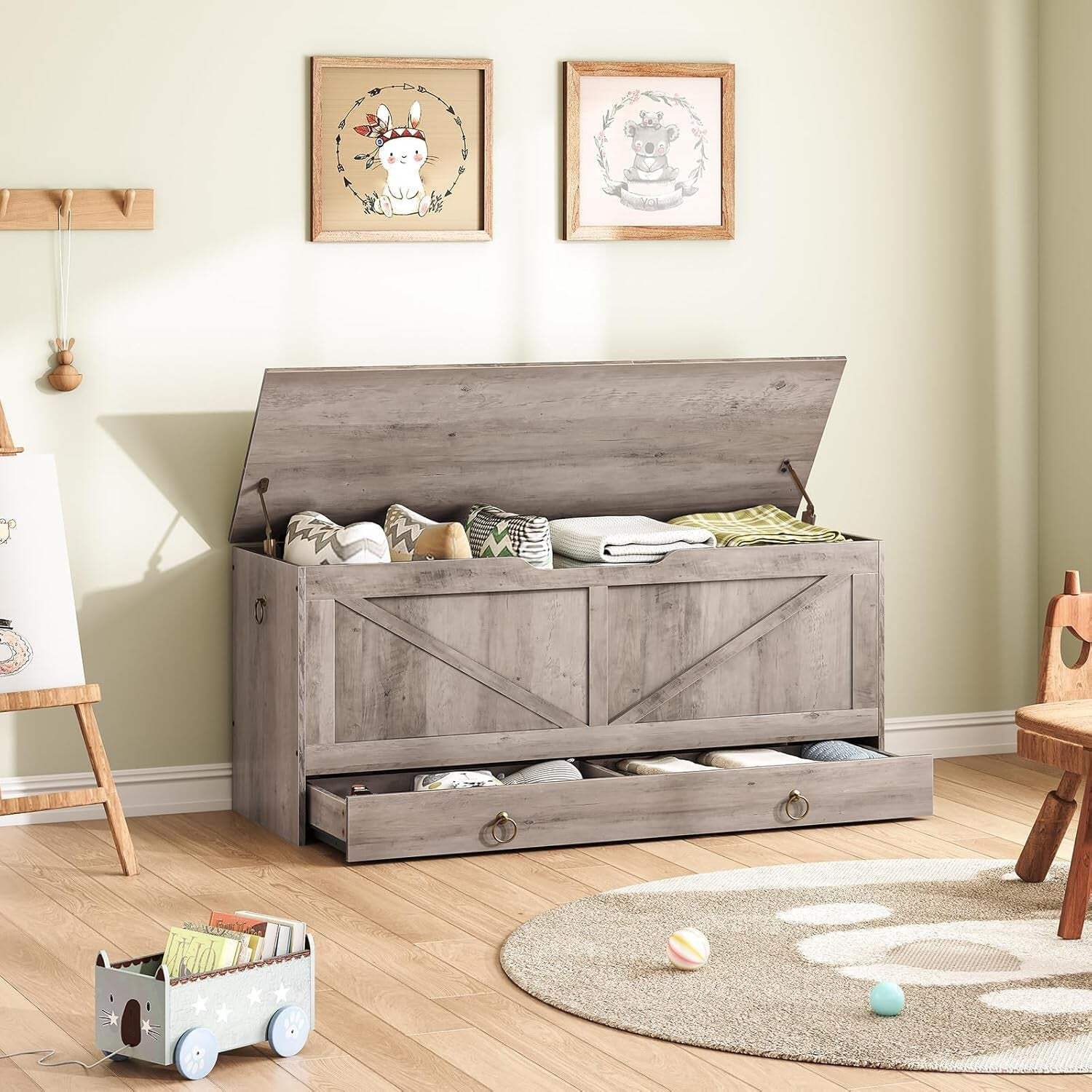 SolidWoodFinish Storage Bench Greige 43Inch Drawer
