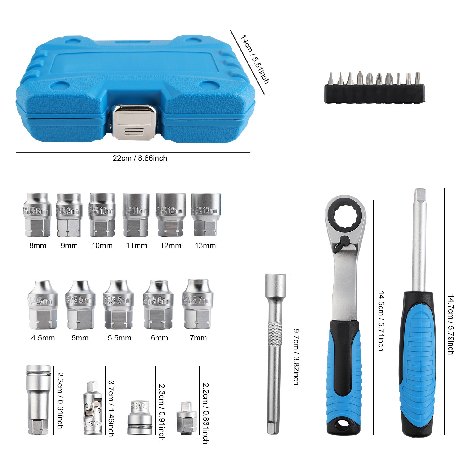 29PCS Pass Through Socket Set 1/4 Inch Drive Impact Wrench Kit Deep Socket Tools
