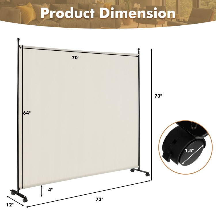 6 ft Single Panel Rolling Room Divider with Lockable Wheels