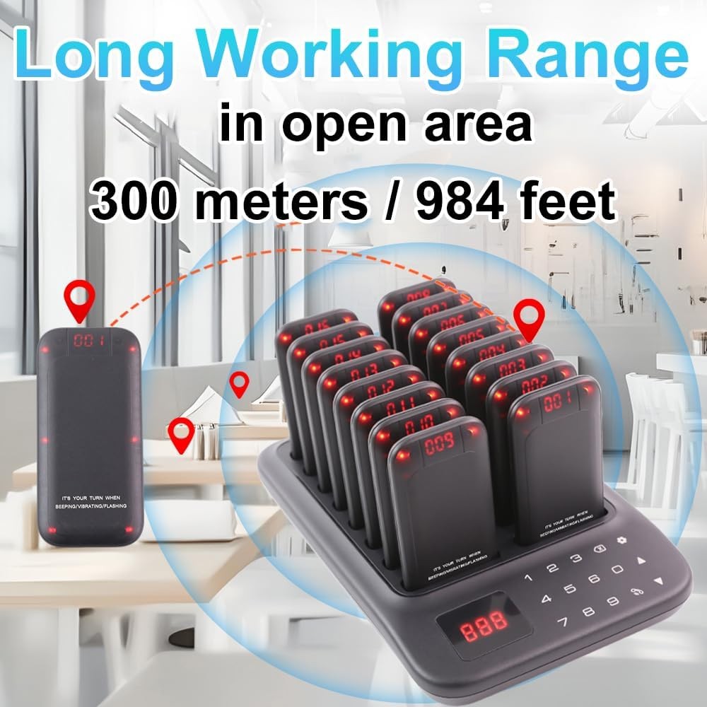 Restaurant Pager System 16 LED Beepers Wireless Calling Queue System