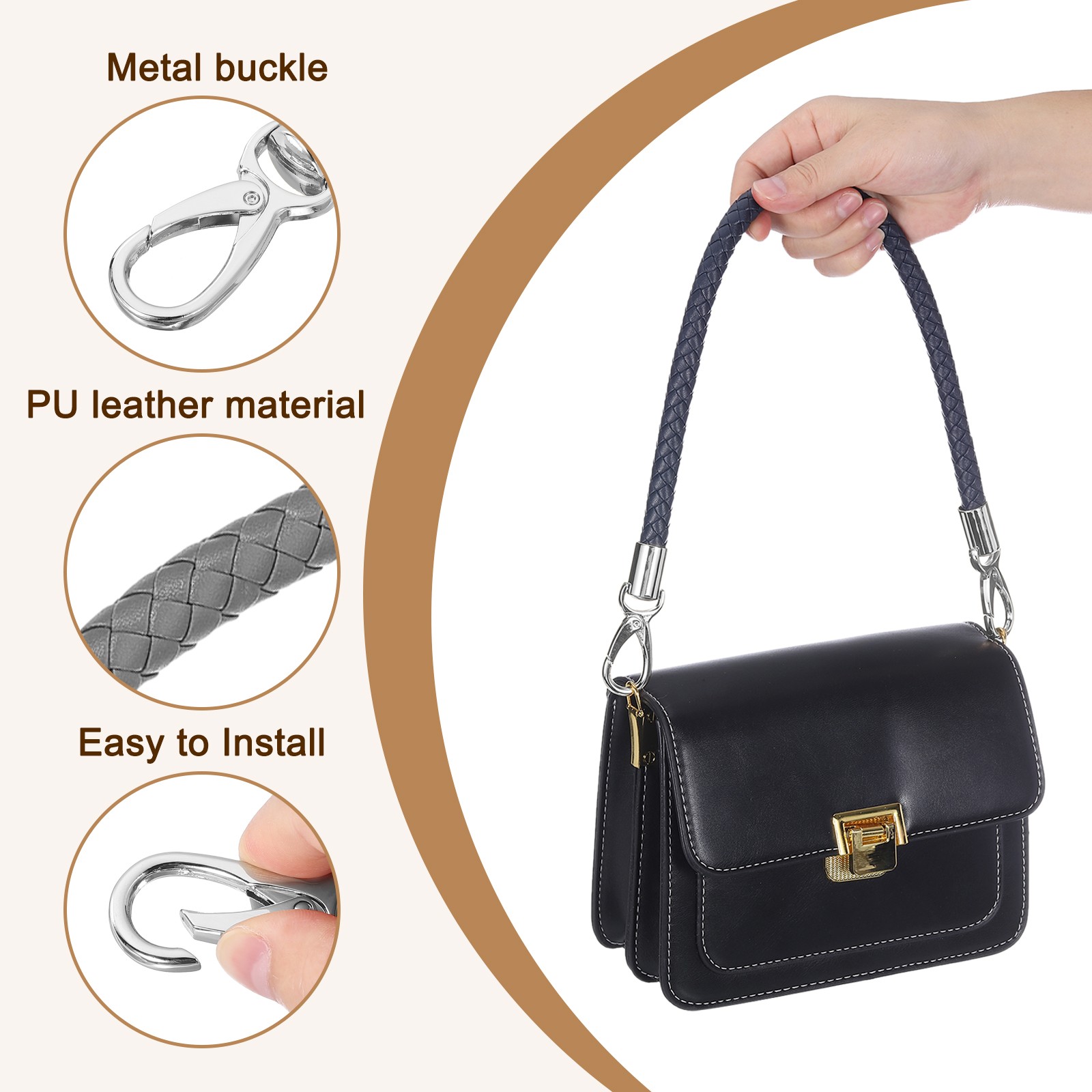 60cm Short Leather PU Braided Purse Replacement Handle - Dark Gray, Silver