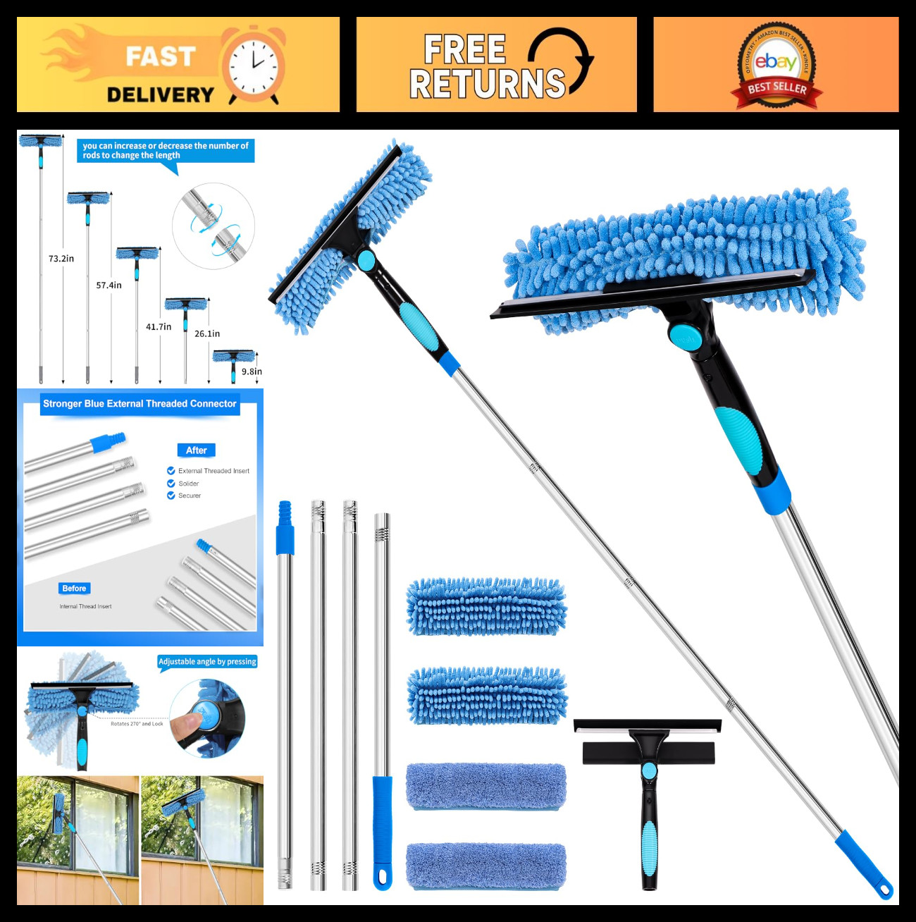 72" Window Squeegee Cleaning Kit with Extension Pole, 3-in-1 Tool, Rotatable Hea