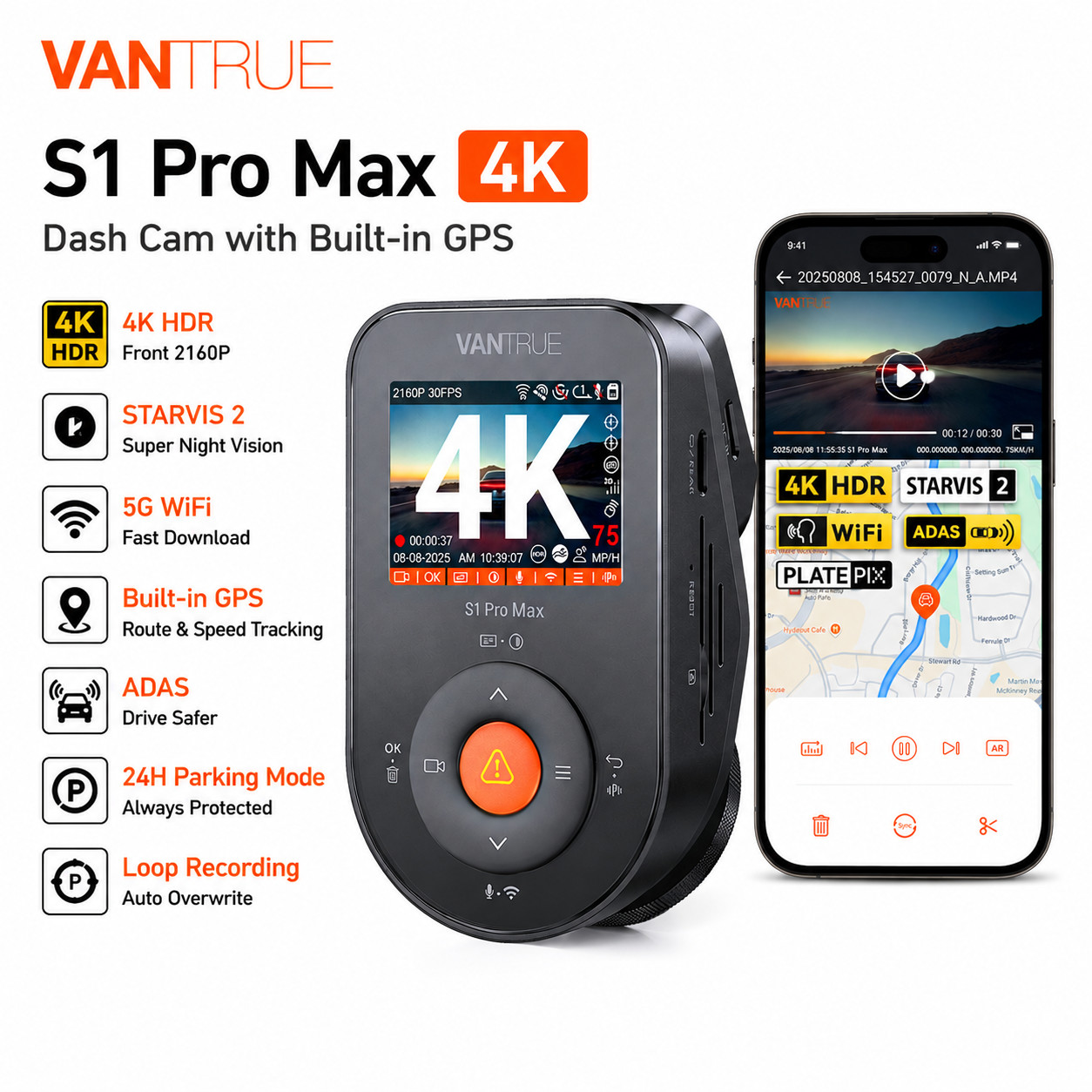 Vantrue S1 Pro Max 4K Dash Cam STARVIS 2 WiFi GPS Parking Mode Front Camera