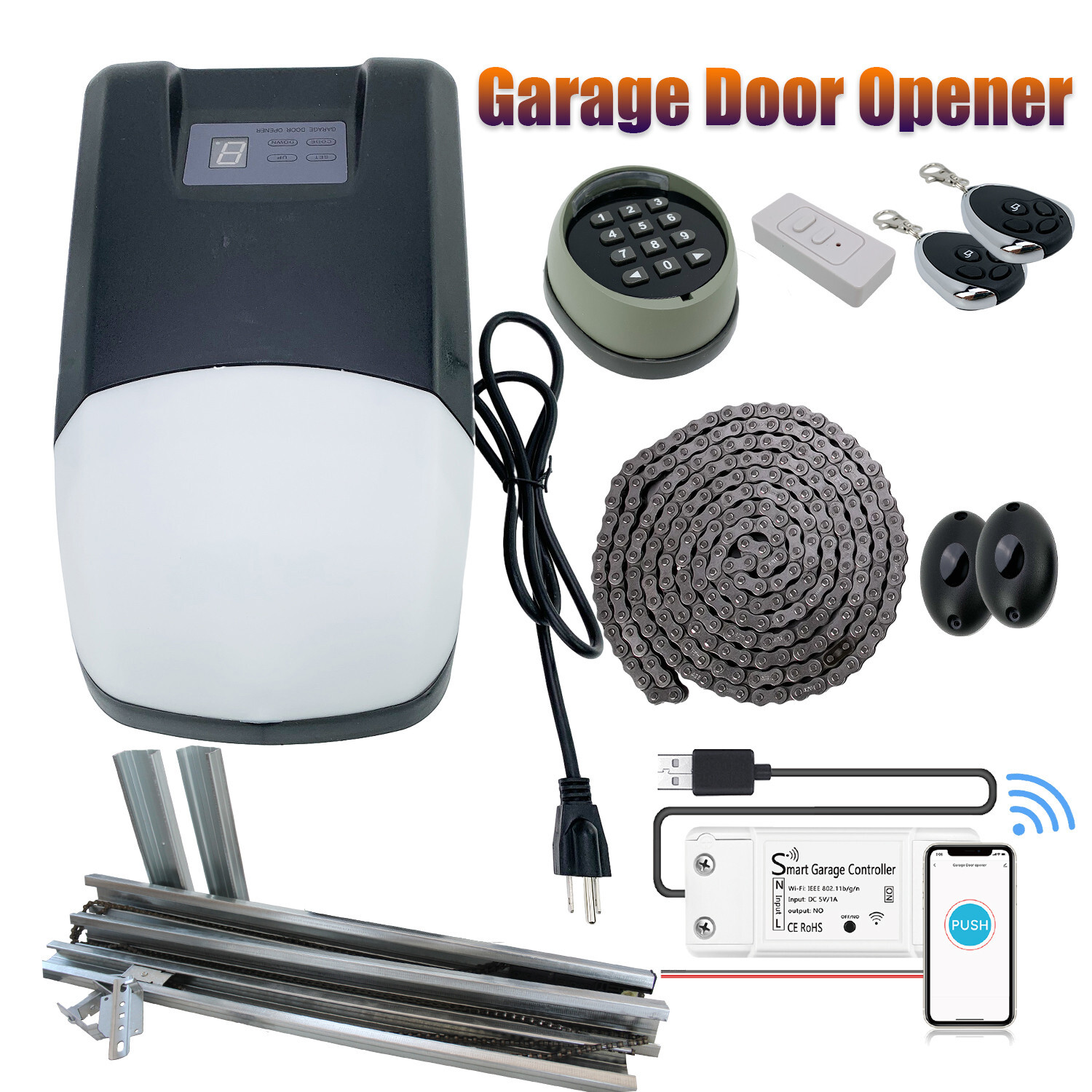 3/4HP 750LB Garage Door Opener Wifi Chain Drive Motor Ultra-Quiet w/Keypad Remot