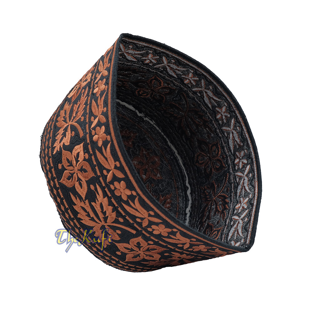Omani African Kufi Hat 4-inch Tall Round EMBROIDERED RUST BROWN CAP