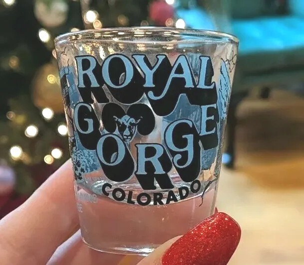 Shot Glass Royal Gorge Colorado Clear & Blue Alcohol Liquor Barware Souvenir