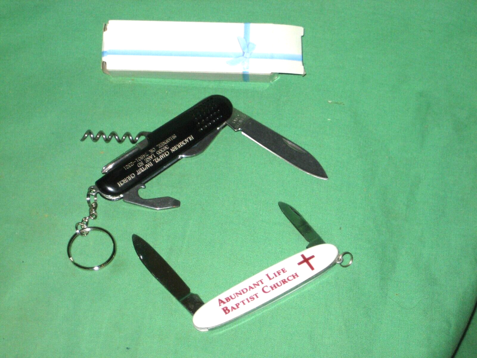 MS2804* - LOT OF TWO ADVERTISING MULTI-TOOL CAMPING KNIVES FROM BAPTIST CHURCHES