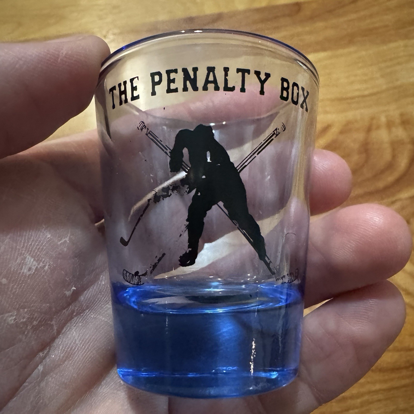 Vtg Shot Glass “The Penalty Box” Man Cave Hockey Themed With Blue Accents Rare