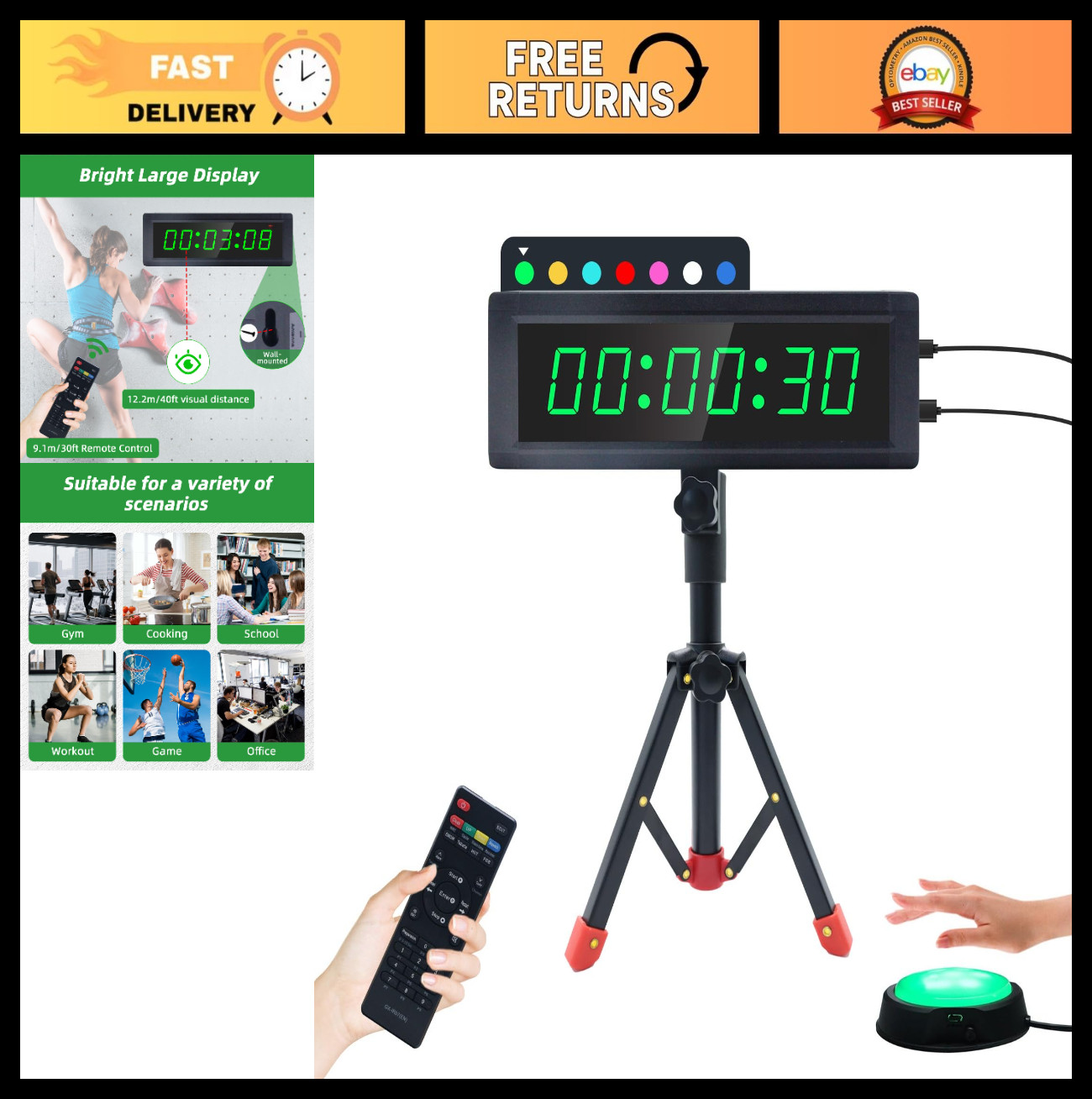 Programmable Gym Timer with Remote, 7 RGB Colors, Interval Countdown Stopwatch,
