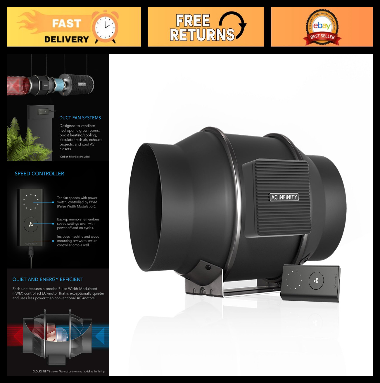 Quiet 6" Inline Duct Fan with Speed Controller - EC Motor Ventilation Exhaust fo