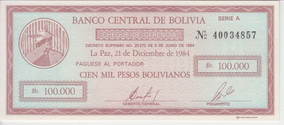 BOLIVIA  P.188 100,000 100000 100.000 PESOS BOLIVIANOS 1984 UNCIRCULATED  2001