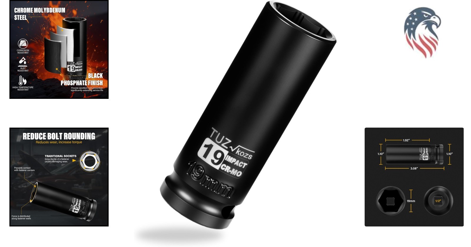 Compatibility Impact Socket 19mm Deep Well Chrome Molybdenum Steel 1/2 Inch D...