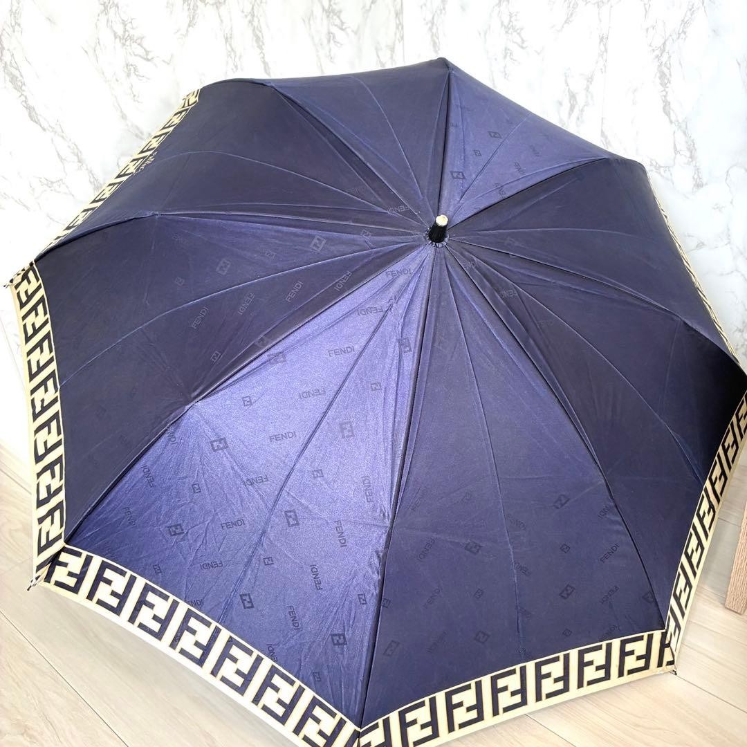 FENDI Zucca Pattern Folding Umbrella Navy Blue Compact Portable Polyester