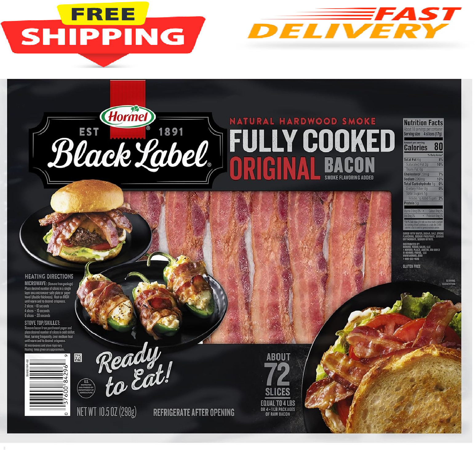HORMEL BLACK LABEL Fully Cooked Bacon - Thick Bacon Snacks for Breakfast, 10.5 O