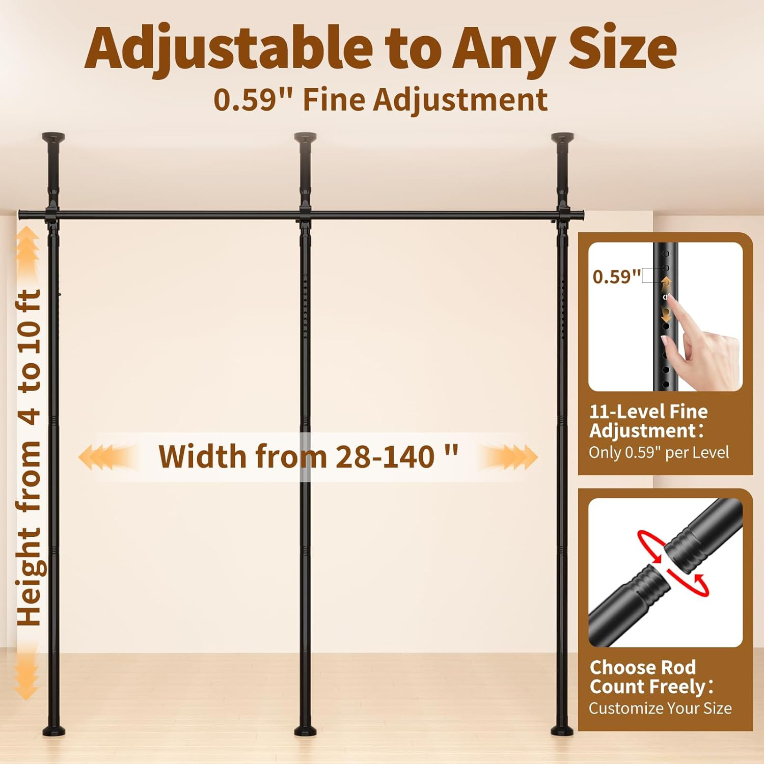 Adjustable Room Divider Rod – Temporary Privacy Wall Partition, No Drilling, Bla