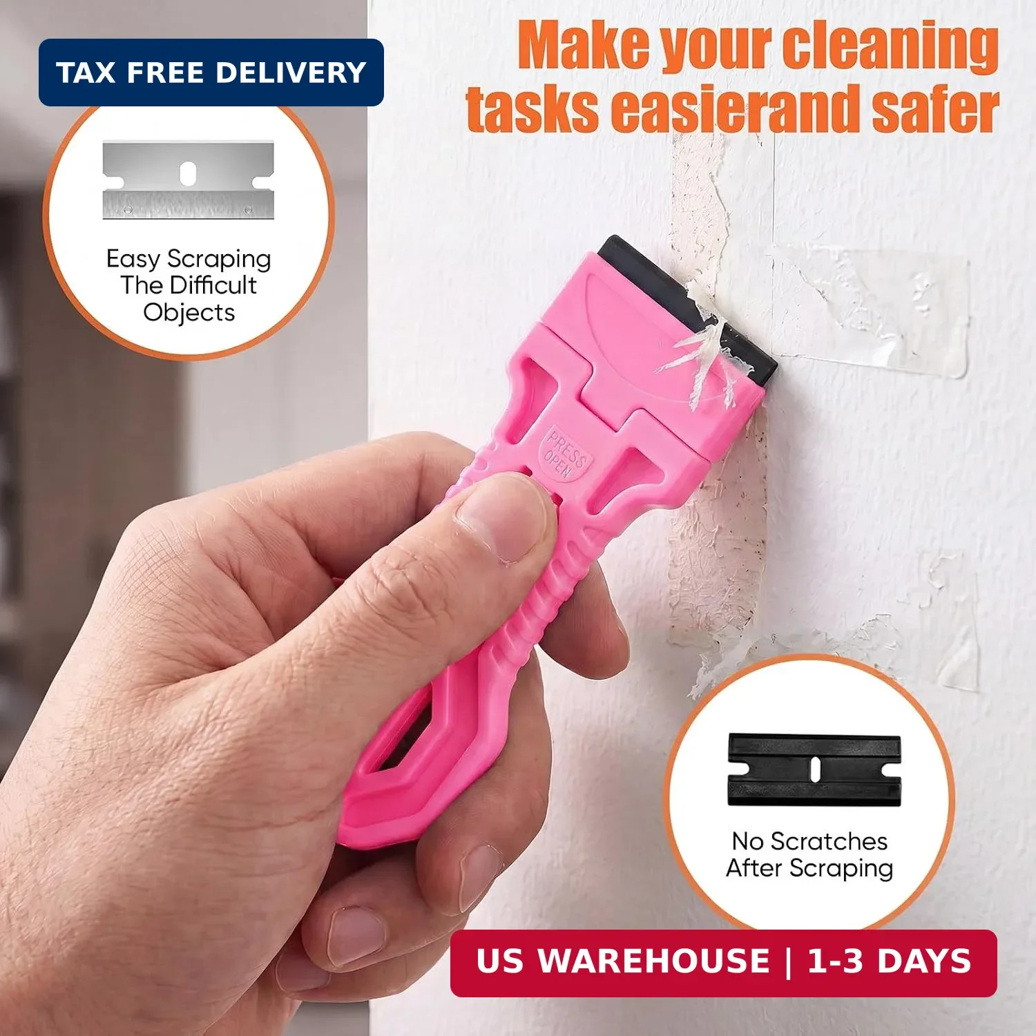 4 Pack Razor Blade Scraper, 25 Blades, Long Handle Scraper Tool (Pink)