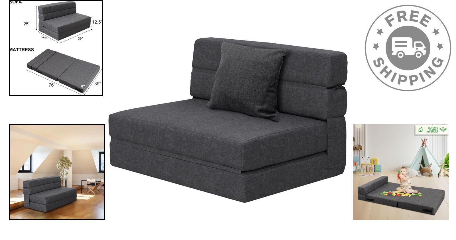 Ergonomic Twin Size Folding Sofa Bed with Washable Cover and Memory Foam Comfort