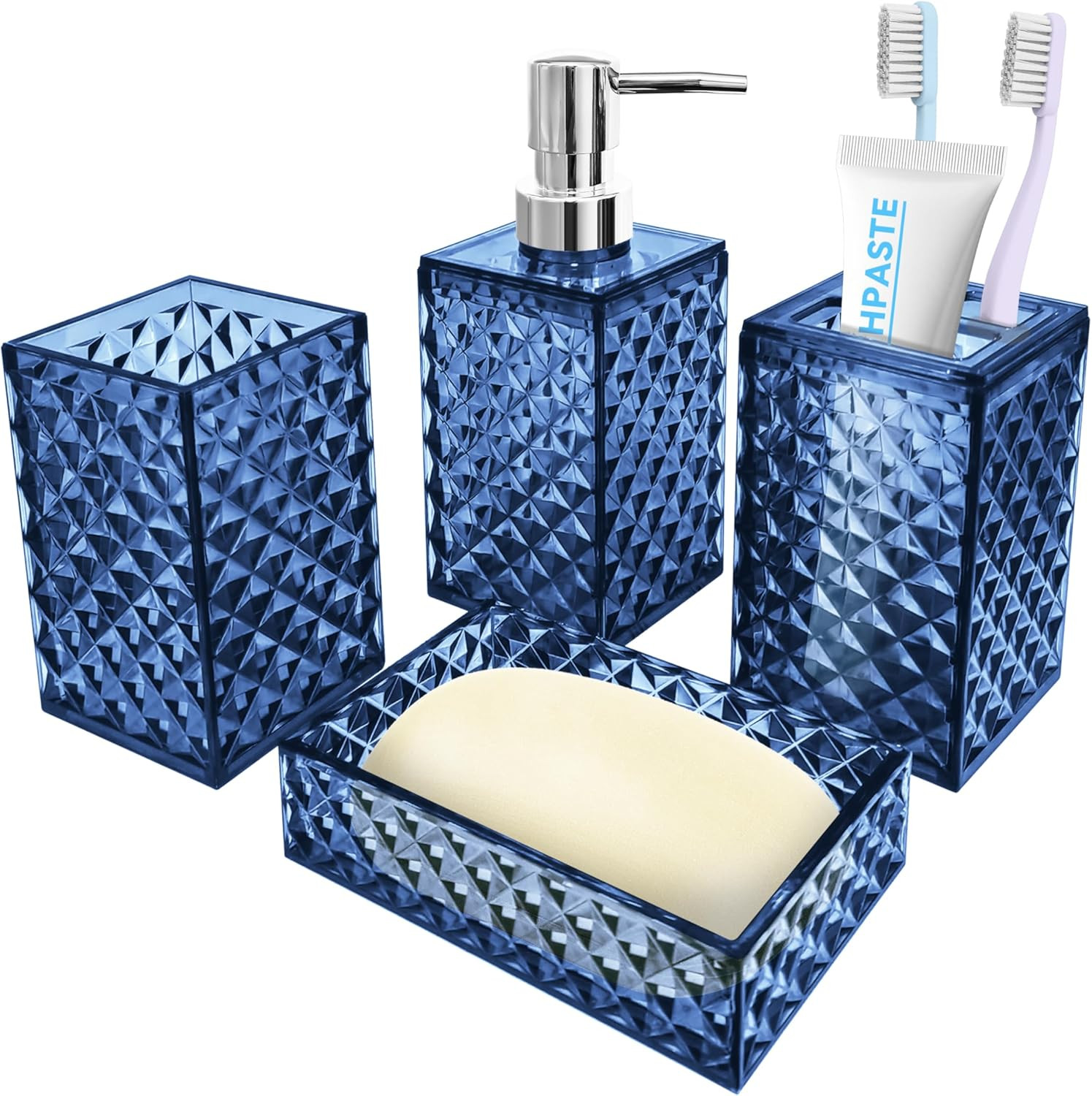 4-Piece Blue Bathroom Accessory Set with Soap Dispenser and Toothbrush Holder