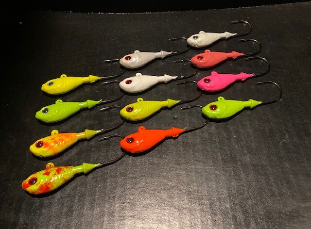 10 Pack Ultra Minnow Jigs Painted W/ 3-D Eyes & Mustad Black Nickel Hooks
