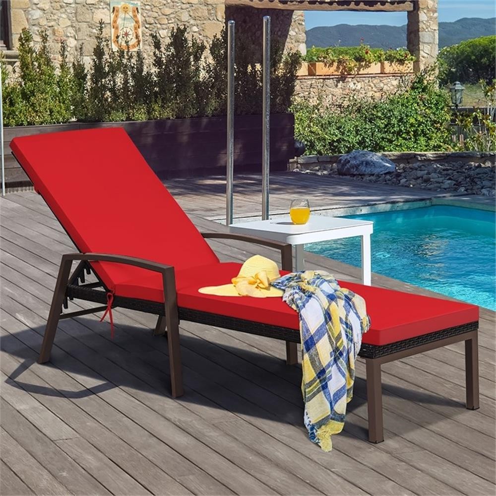 Pemberly Row Patio Rattan Lounge Chair Chaise Back Adjustable Red