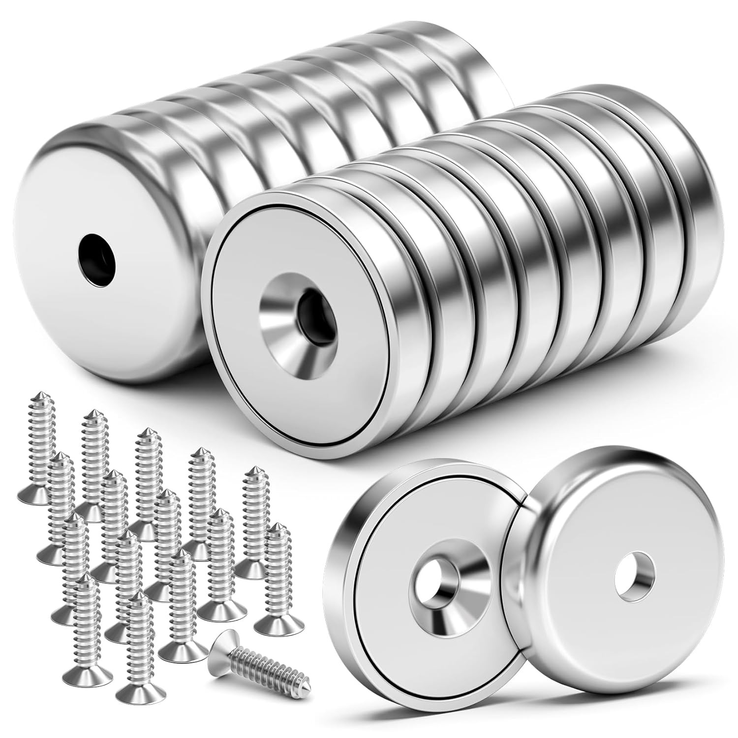 16Pack 40LBS Strong Magnets with Holes, Round Cup Magnets with Screws for Wall M