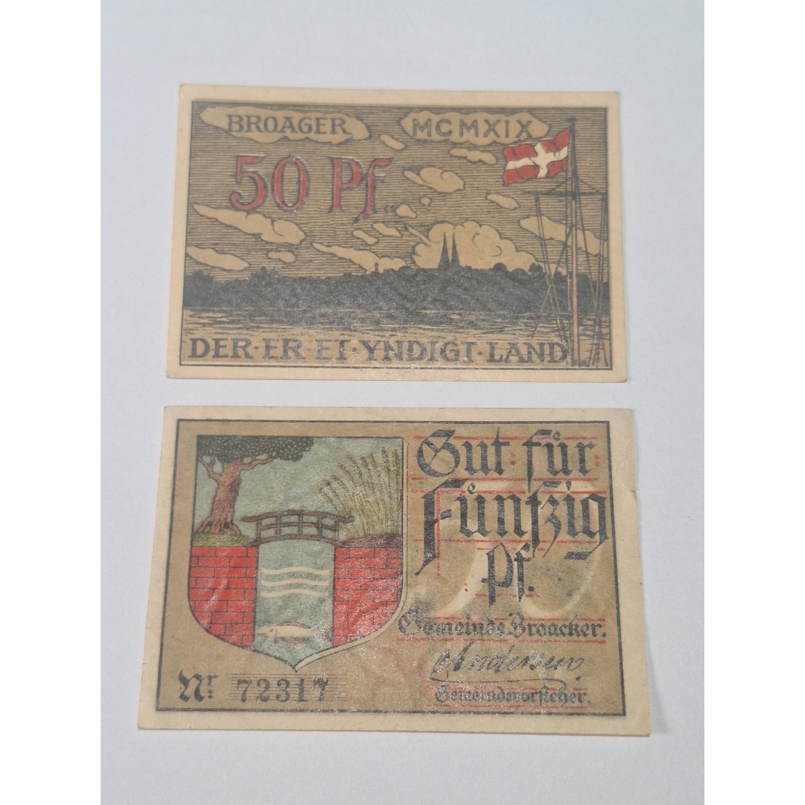 Germany Broacker Broager Notgeld 50 Pfennig 1918 & 1919 2 Note Lot