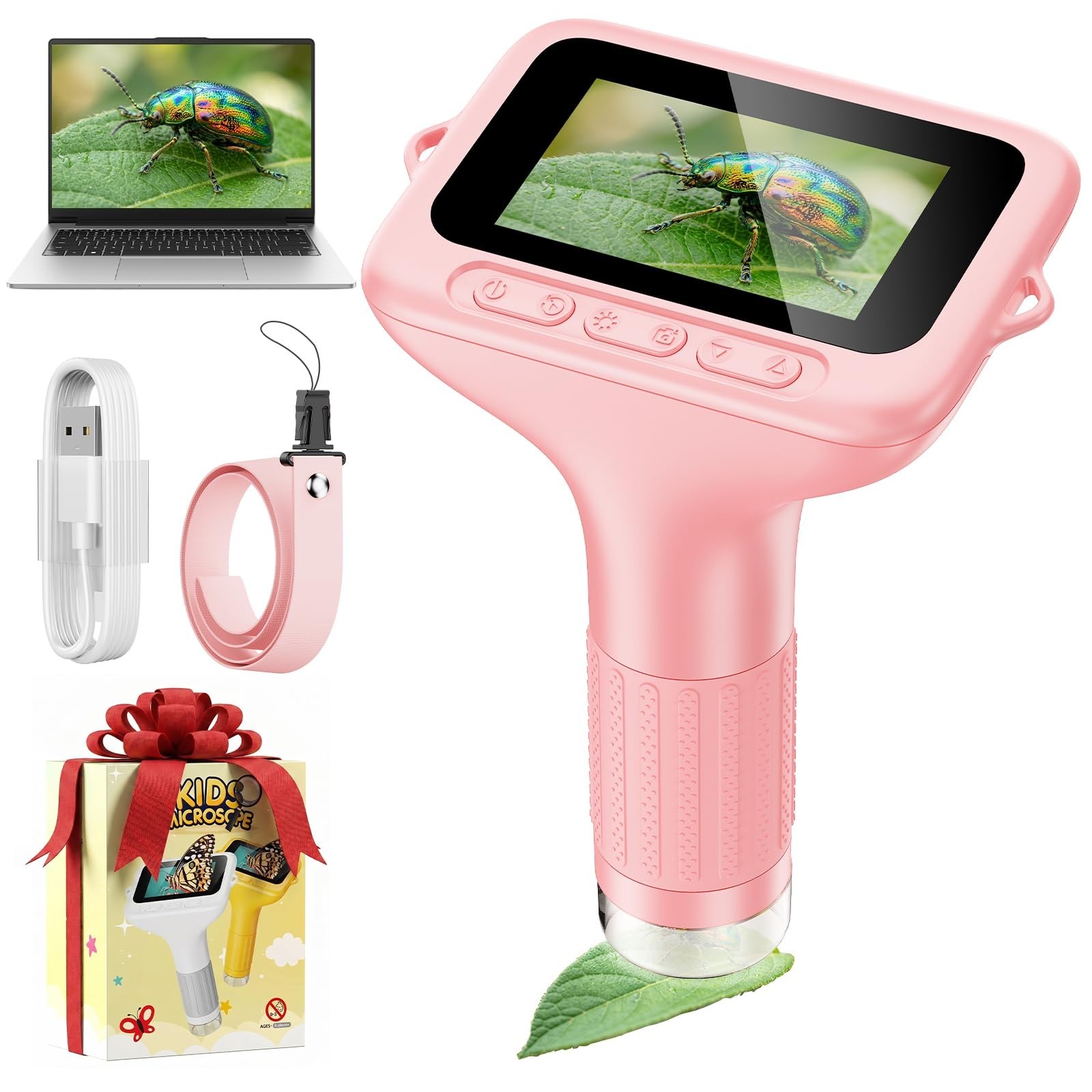 1000X Handheld Microscope for Kids, 3.0" IPS Screen (Pink) | Photo & Video, USB