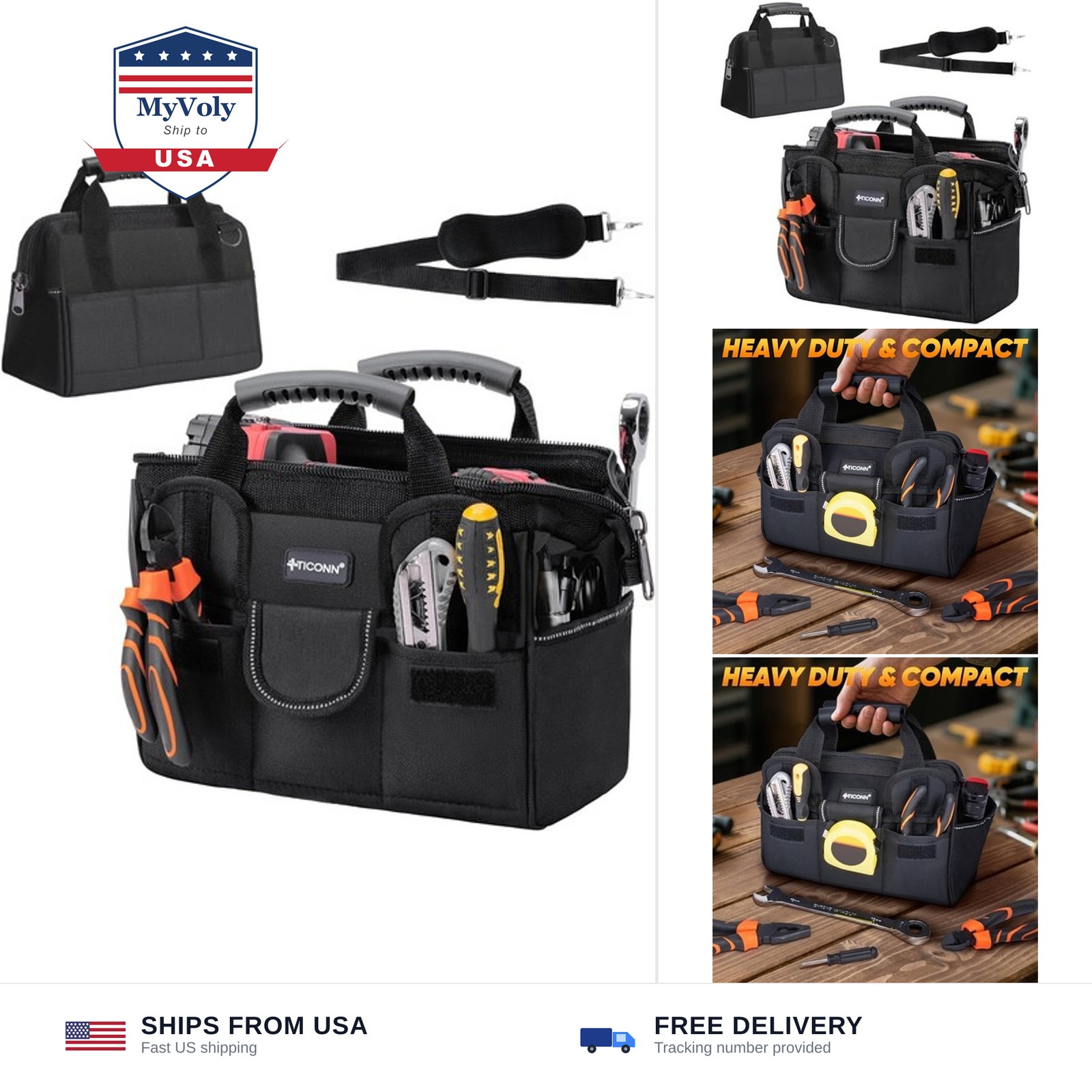 TICONN Heavy Duty Tool Bag with Multi-Pockets, Portable Tool Box Organizer St...