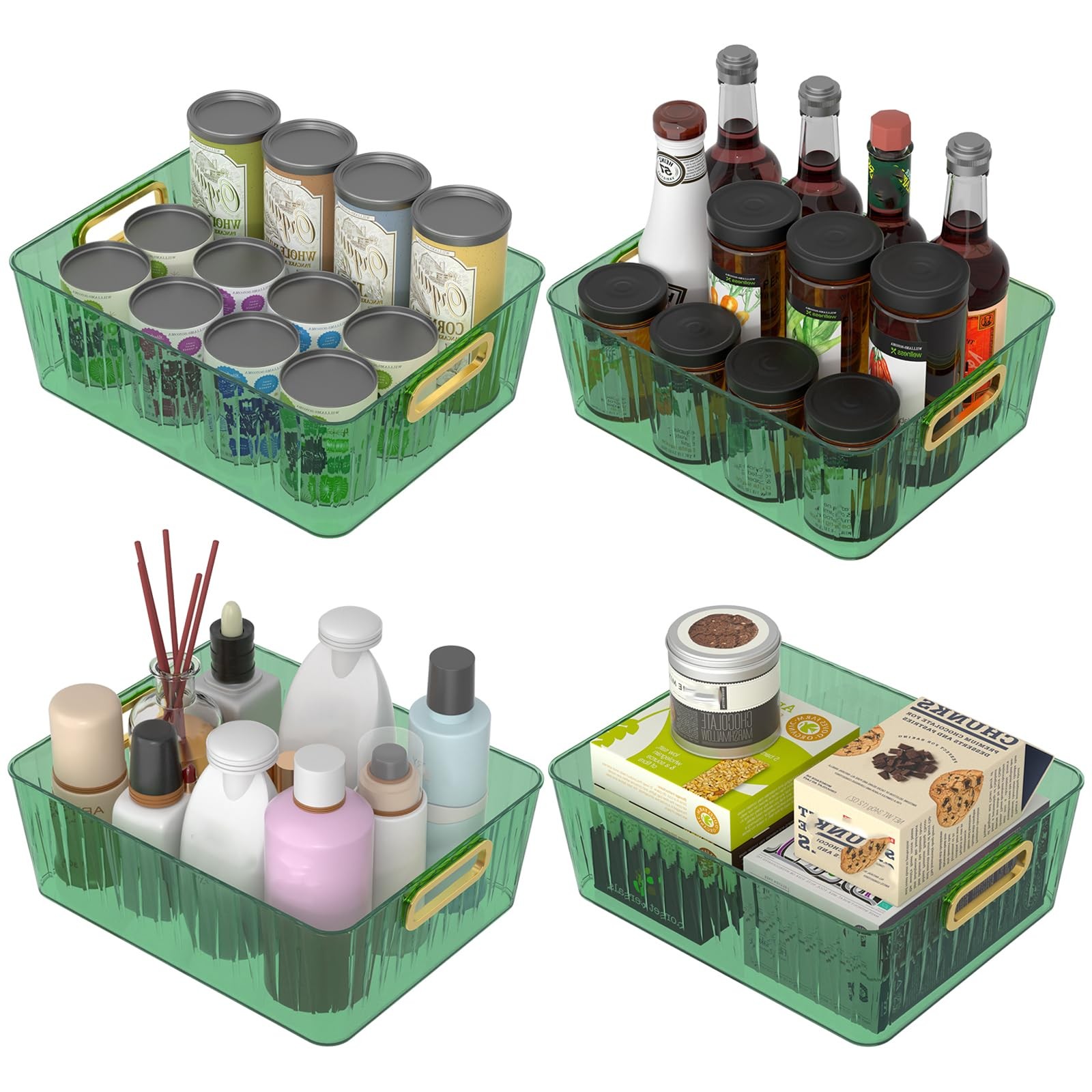 4 Pack Clear Storage Organizer Bins Plastic Cosmetic Bin Green