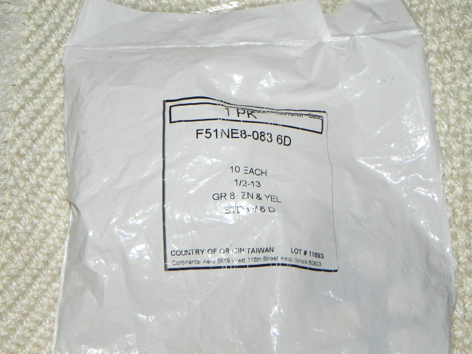 10) 1/2-13 Coarse Nylon Insert Nut Grade 8, ZN/Yel STD w/6D #F51NE8-83 6D