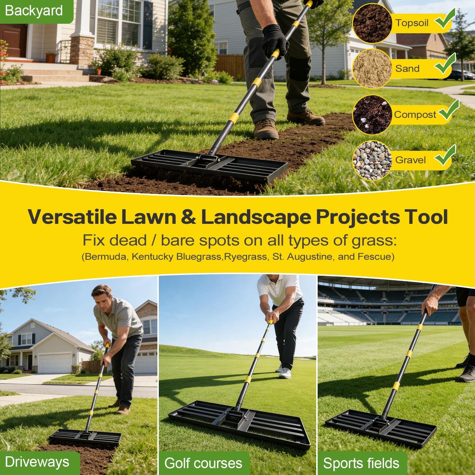Lawn Leveling Rake with 72" Adjustable Handle for Grass, Soil & Golf Fields