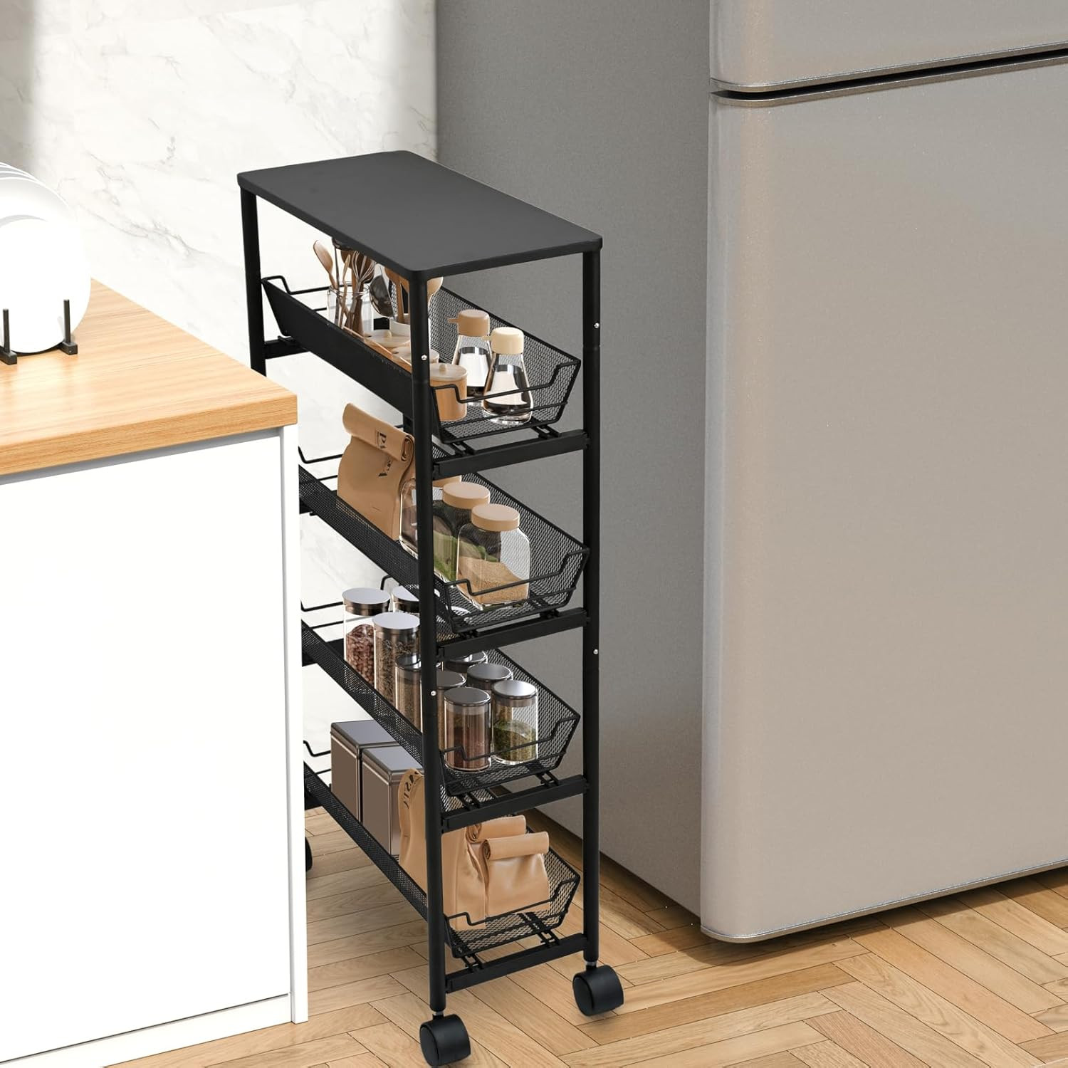 5-Tier Slim Storage Cart with Wheels, Rolling Utility Cart with 4 Pull-Out Mesh