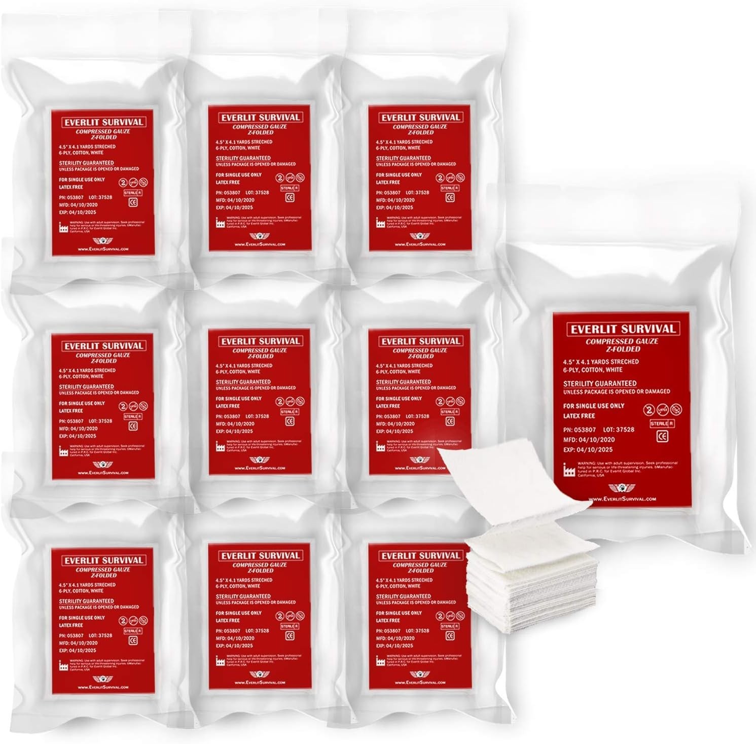 10 Pc Z-Folded Compressed Sterile Gauze 4.5" x 4.1 Yards Combat Gauze Trauma Pad