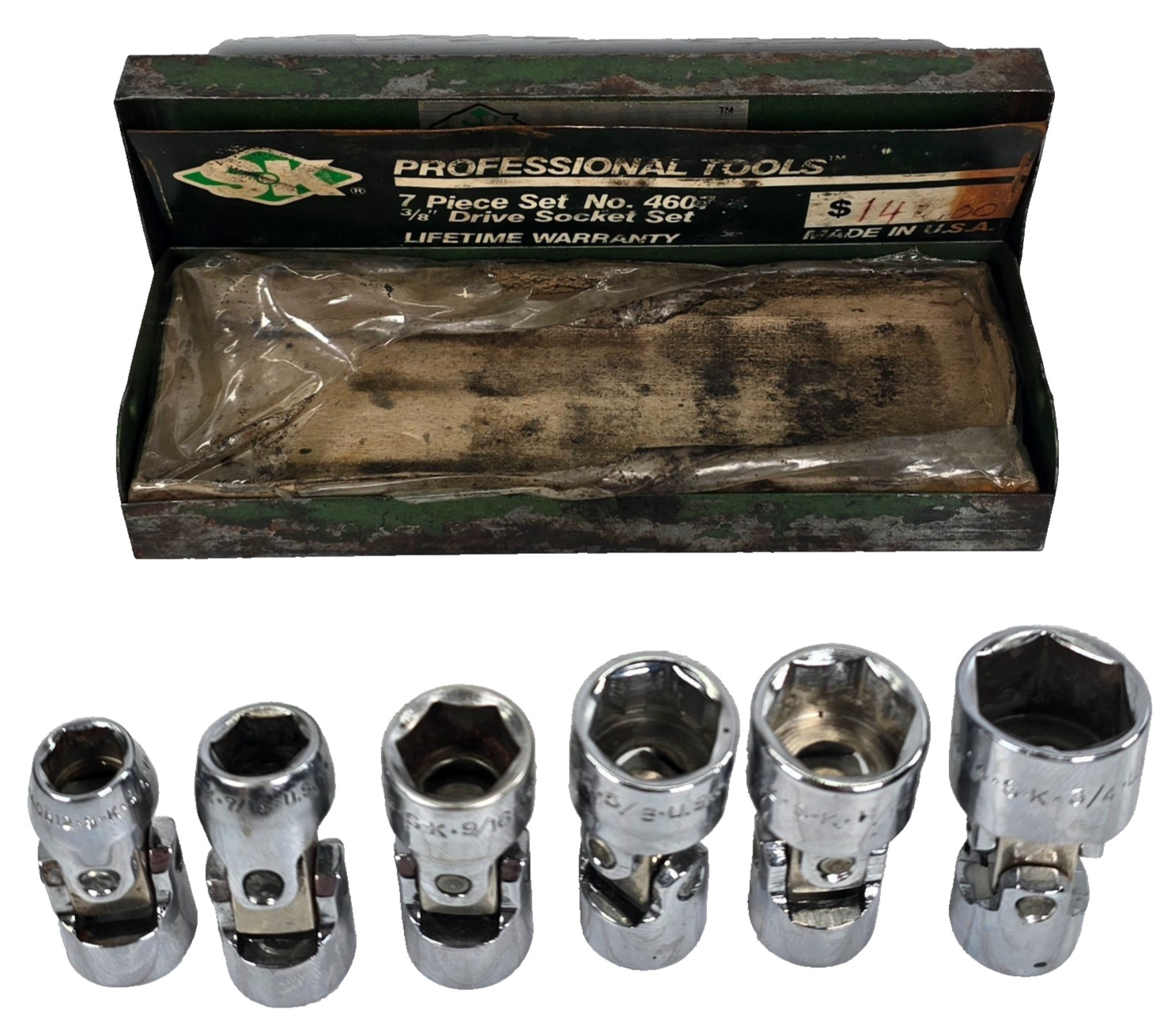S-K 3/8 Drive SAE Flex Socket Set No. 4607 USA Made 7 Pc w/ Metal Case