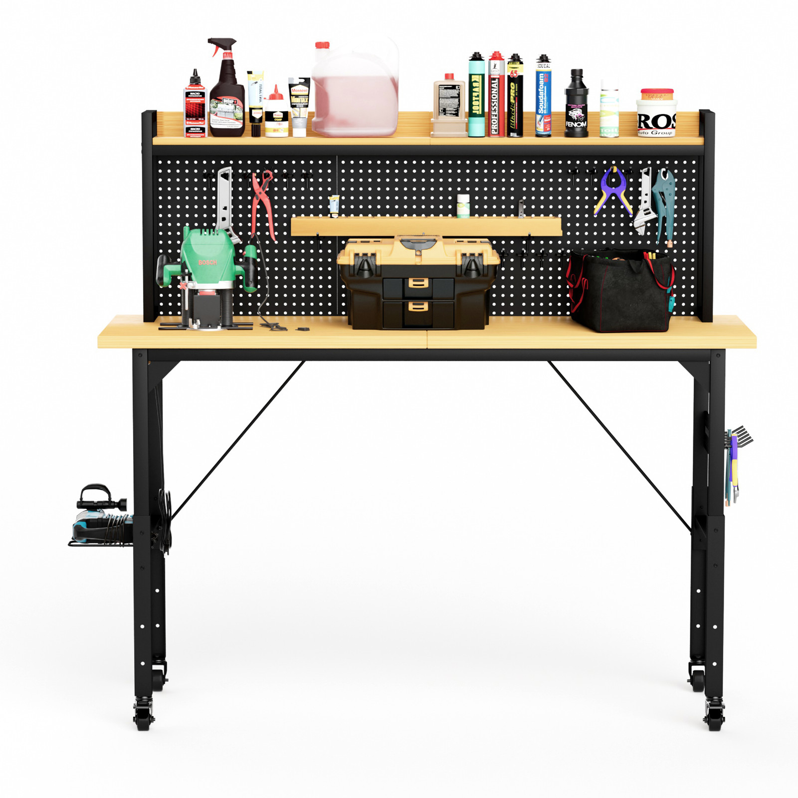 Heavy Duty Adjustable Workbench w/Pegboard, Wheels, 1600lb Capacity, AC Outlet