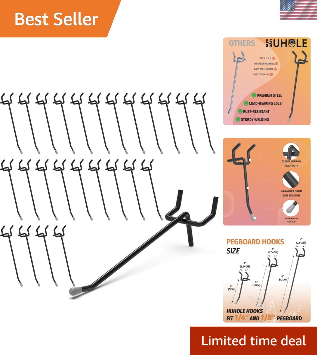 Rust-Resistant 4-Inch Black Pegboard Hooks - Maximum 20 lbs Capacity, 50 Pack