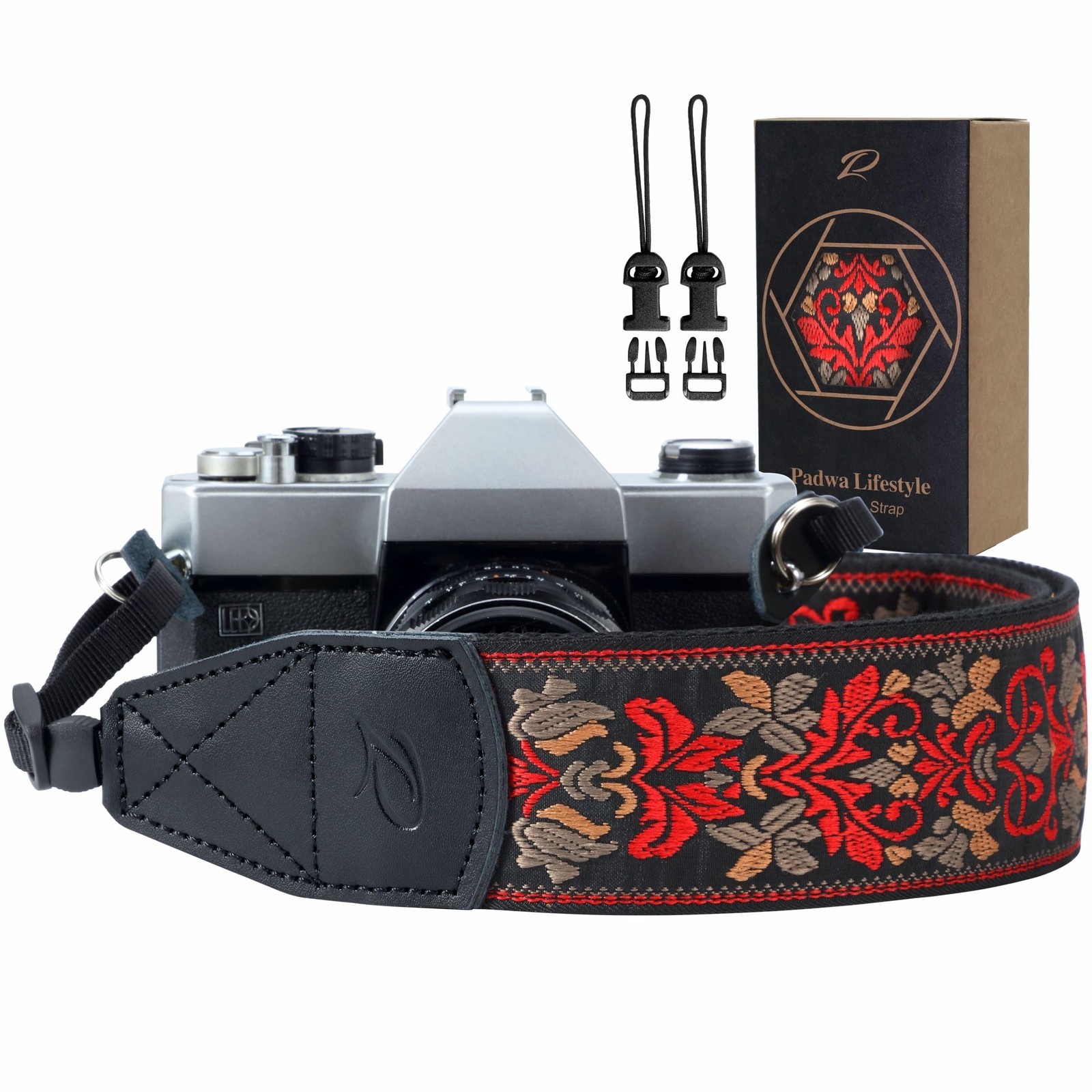 Camera Strap - 2 Wide Red Vintage Jacquard Embroidery Flower Camera Straps w