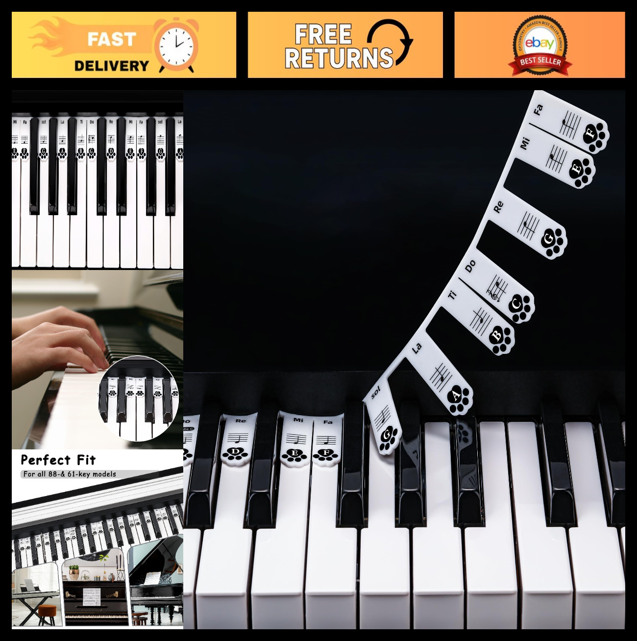 Removable Silicone Piano Keyboard Stickers - 88-Key Note Labels for Beginners, C
