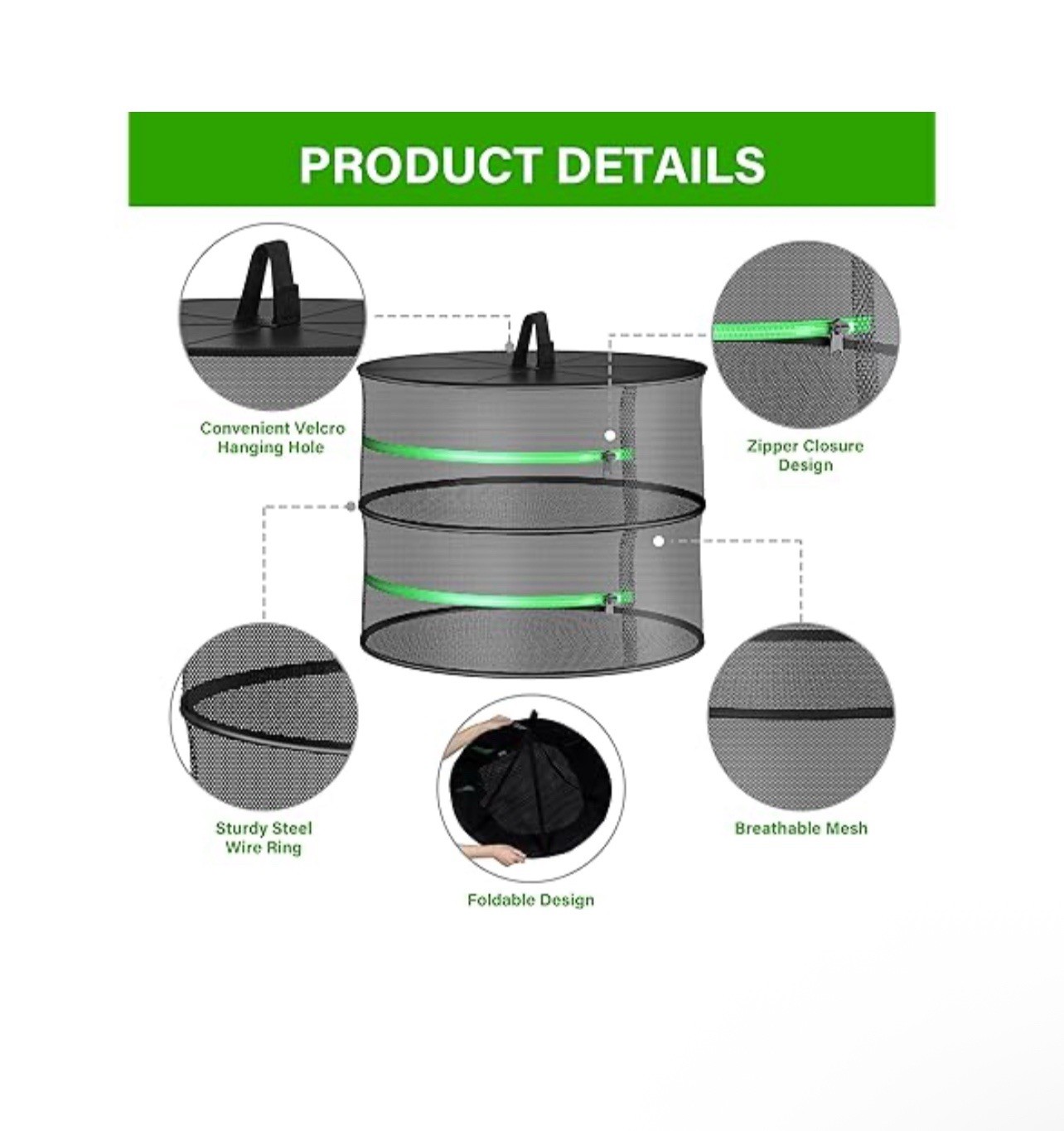Herb Drying Rack Hanging 2 Layer 24'' with Zipper and Hook, Dry Mesh Folding