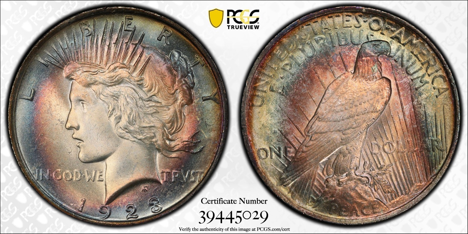 1923 $1 Peace Dollar PCGS Unc detail..Questionable Color...Toned