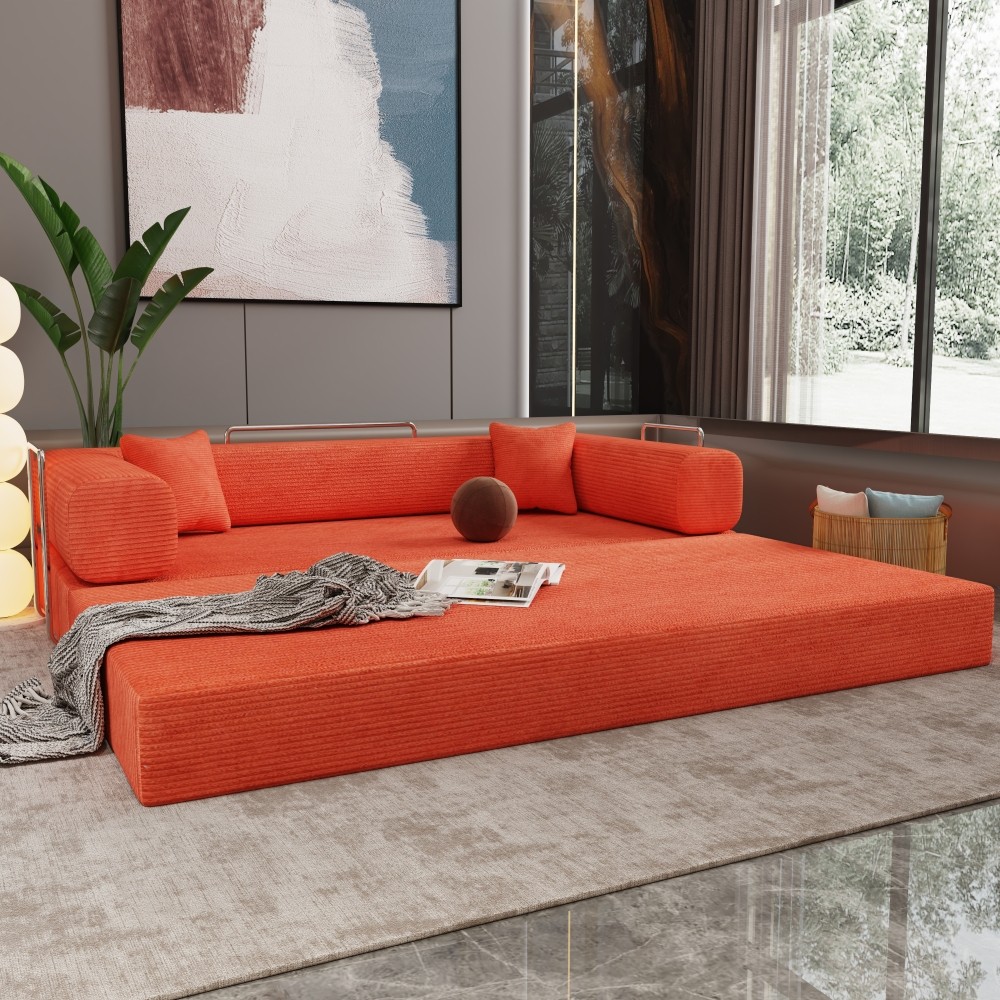 Sleeper Sofa Bed 2-Seater Convertible Couch Corduroy Foam Orange